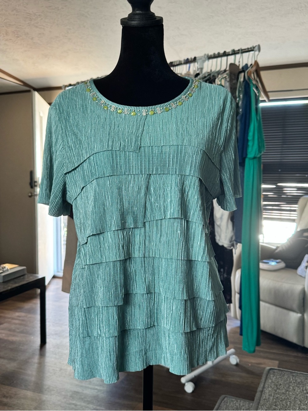 Embellished Teal Tiered Short-Sleeve Women's Top